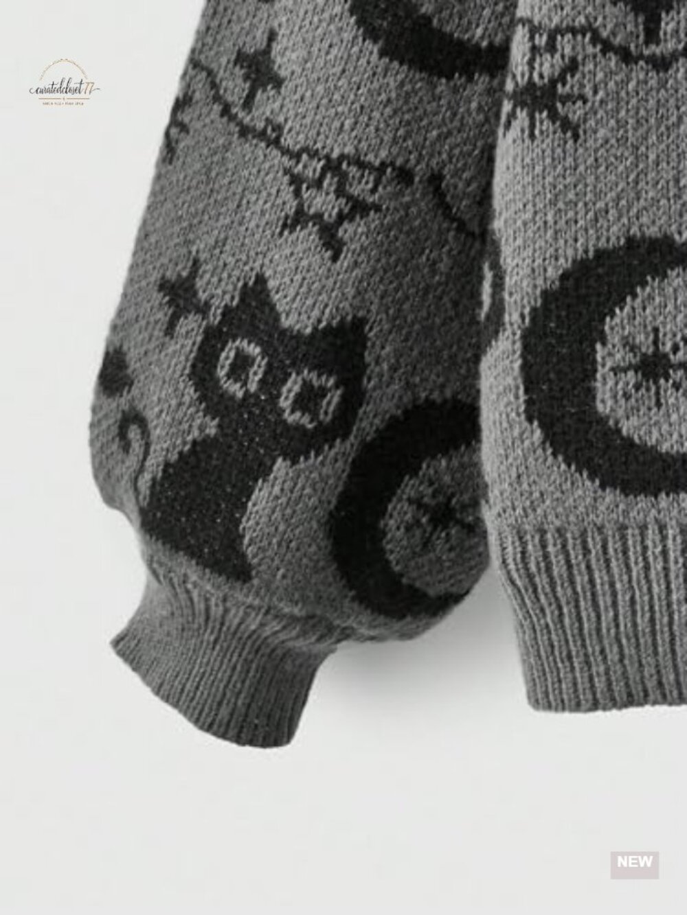 Goth Cartoon Cat Moon Print Knit Sweater Pullover Loose Fit Crew Neck Top - Picture 3 of 4